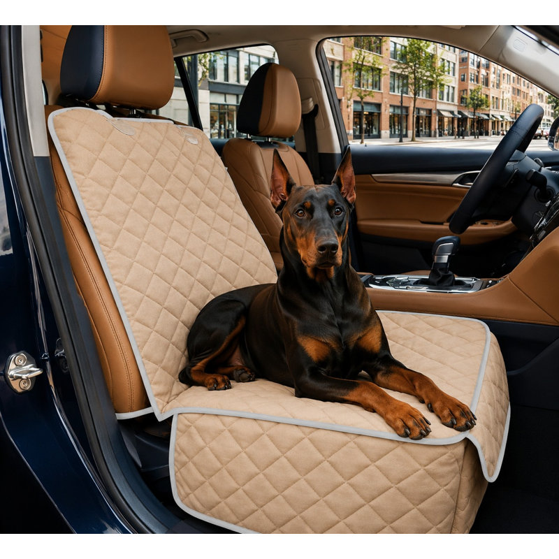 A Warm Beige front-seat dog protector with scratch-proof coverage and universal fit for cars, trucks, and SUVs; 1 Pack is included.