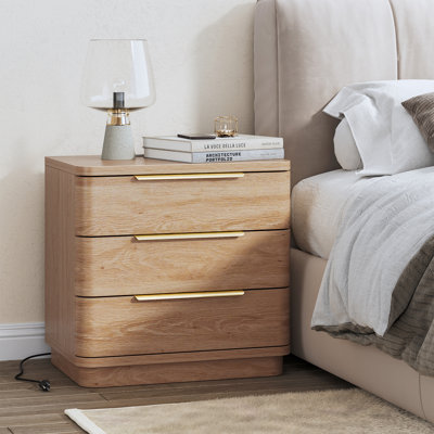 Modern Nightstand with Charging Station, 3 Drawer End Table with USB Ports & Power Outlets, Bedside Table with Gold Handles, Large Storage for Bedroom