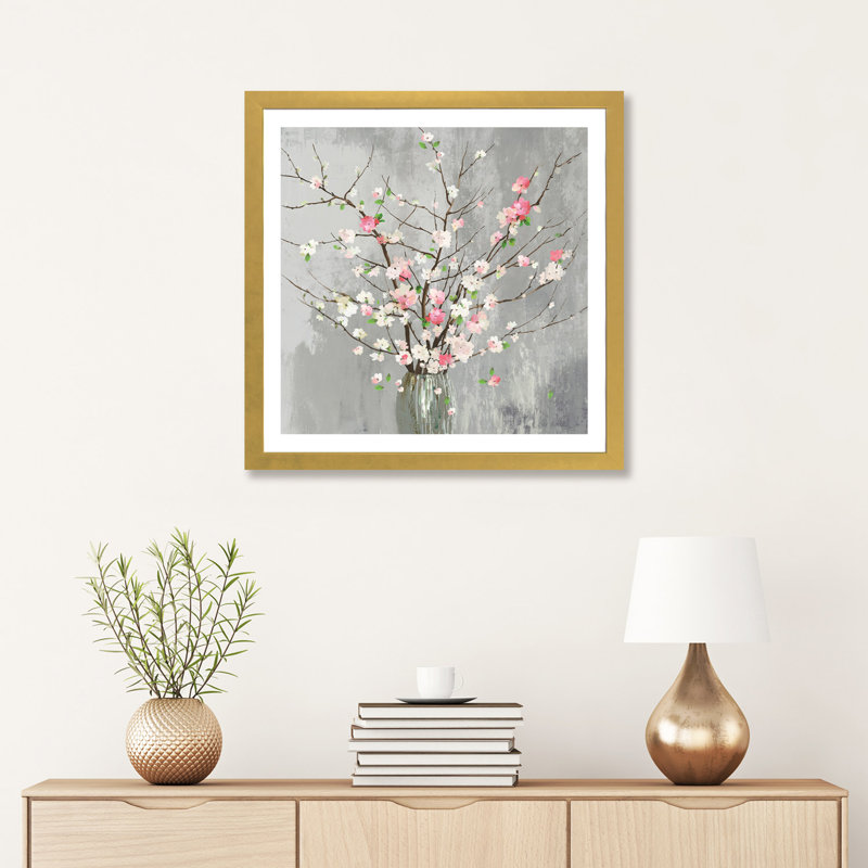 Délicates fleurs roses par Asia Jensen - reproduction d'art, H 24 po x l 24 po x p 1 po, Papier encadré doré