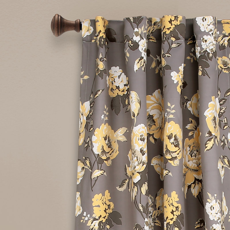 Gray and Yellow Floral Blackout Polyester Curtain Panels, Set of 2