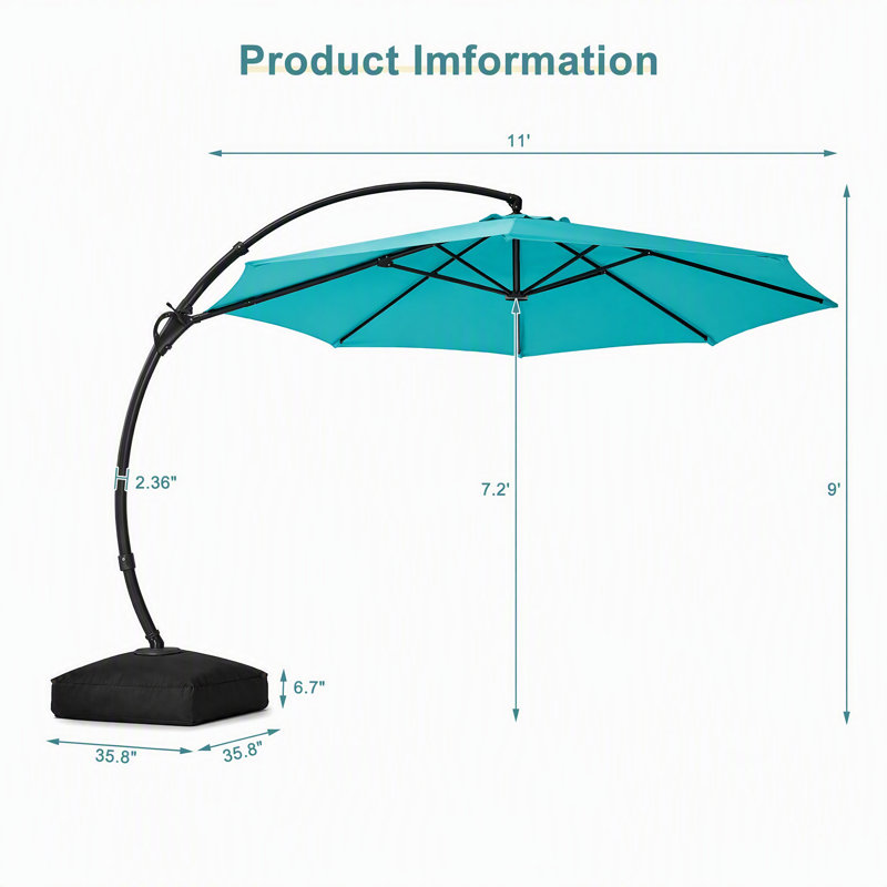 Parasol de marché de terrasse de 3,35 m (11 pi) avec manivelle et inclinaison, toile en polyester ventilée, baleines en acier, parasol extérieur