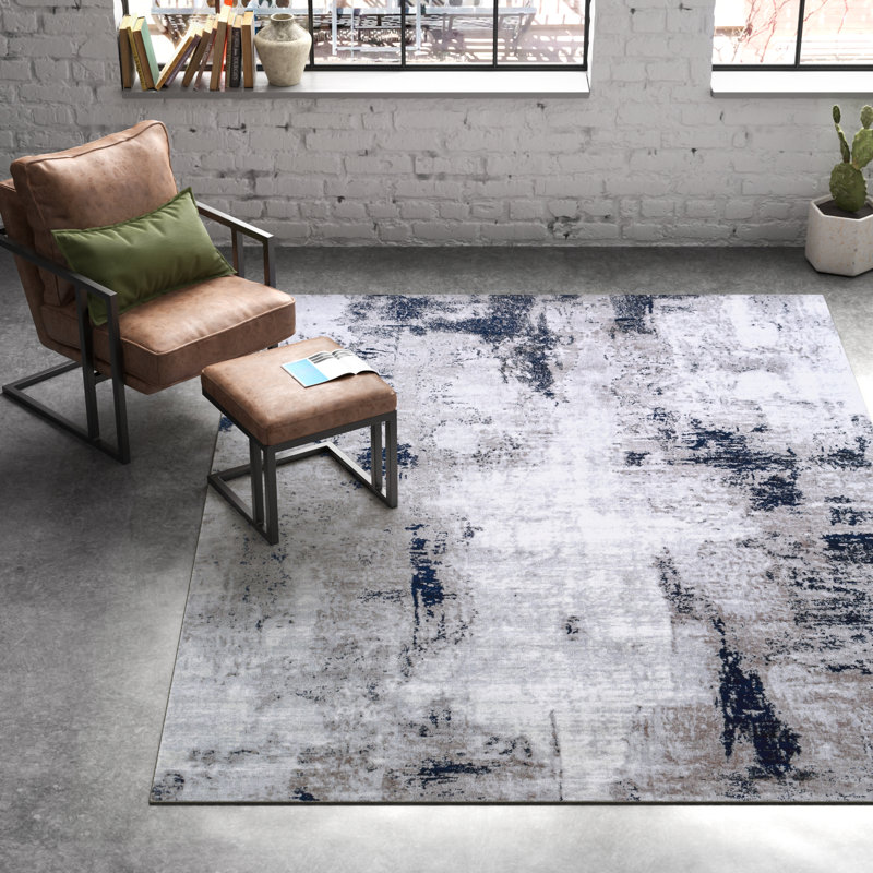 Tapis taupe / bleu en polypropylène tissé à la machine à motif abstrait Cornwell, Rectangle 6 pi 7 po x 9 pi