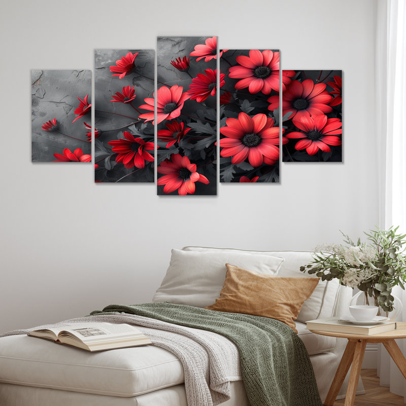 Ensemble de salon mural marguerites monochromes rouges et noires Photo III