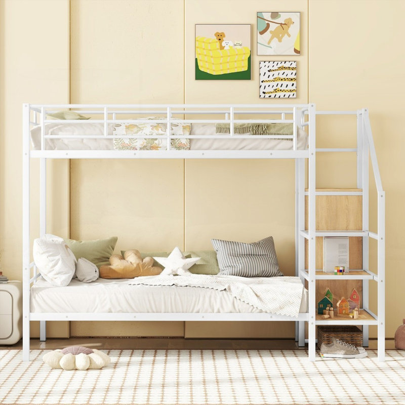 Lit simple superposé en métal avec rangement latéral Garde-robe, L 92,7 po x l 41 po x H 67 po, aucun sommier requis, support solide