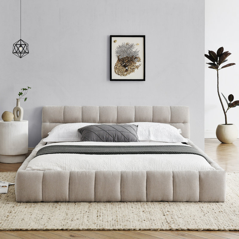 Structure de lit grand rembourré avec tissu épais et tête de lit, Beige