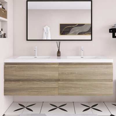 Meuble-lavabo double 72 po avec plateau en résine et 4 tiroirs à fermeture en douceur 72 po