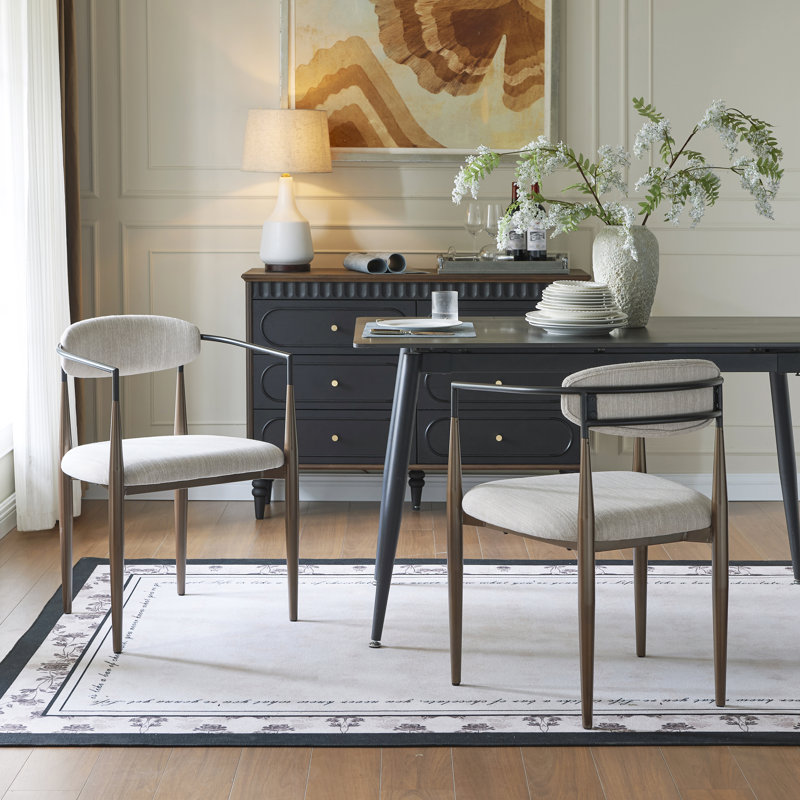 Nayalis Low Back Upholstered Dining Chairs, Beige Fabric, Coffee/Black