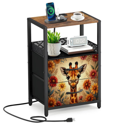 2 Fabric Drawers Night Stand with Charging Station Cute Giraffe Floral Garden Vibrant Flowers Bright Colors Bedroom Bedside Table End Table with Open Shelf USB Ports and Outlets