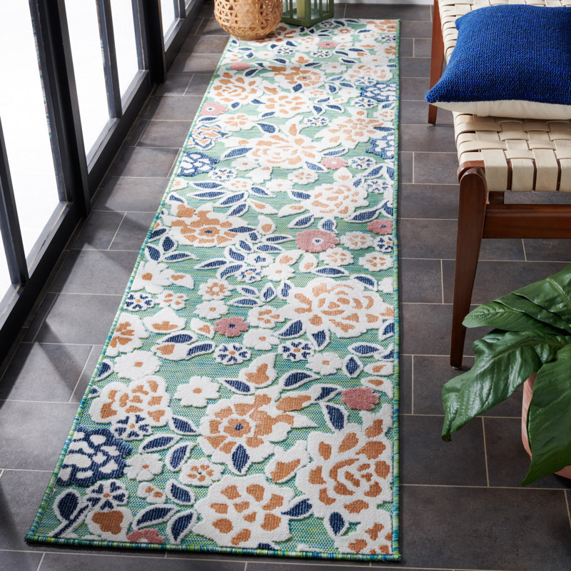Savoy Floral Green/Navy/Pink Indoor / Outdoor Area Indoor/Outdoor Area Rug, Runner 2' x 9'