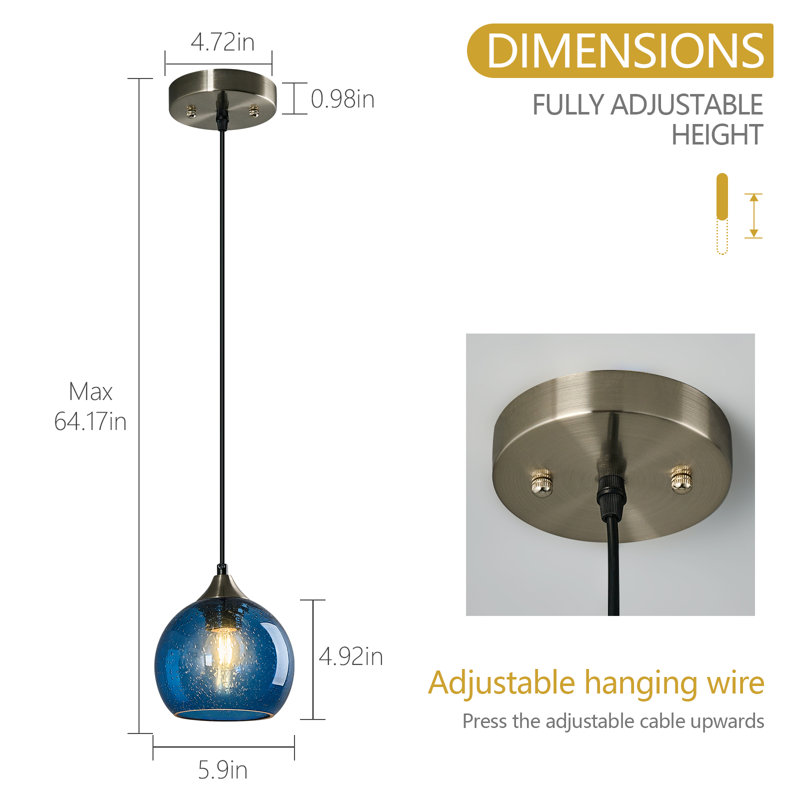 Luminaire suspendu moderne à 1 lumière pour îlot de cuisine Aarunya, Bleu, H 4,92 po x l 5,9 po x P 5,9 po