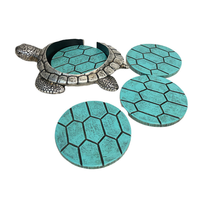 Sea Turtle Round Coaster Set With Holder