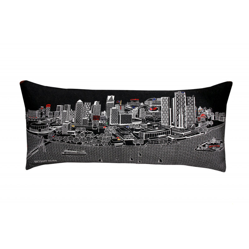 Coussin noir Black Detroit Nighttime Skyline, Gris