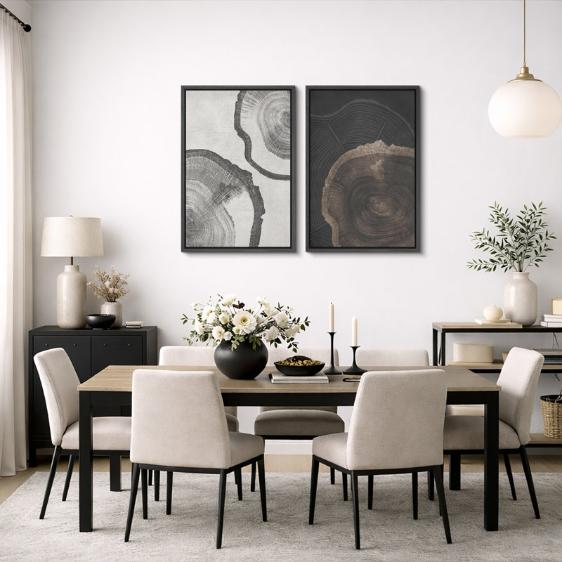 Tree Ring "Grey Wood Stump Abstract Neutral Artwork, Rustic Farmhouse Cabin Wall Pictures, Framed Canvas Giclee Print 2 Pieces Wall Art Set"  16x24x2 pcs, 24x36x2 pcs