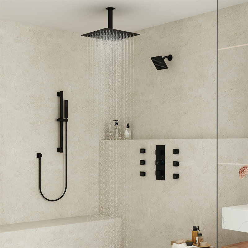 Matte Black 16" Thermostatic Dual Shower System with Handheld and Body Jets