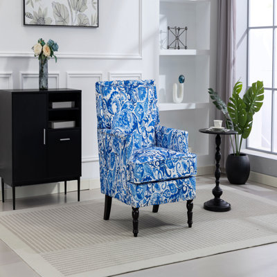 Chaise d'appoint rembourrée, fauteuil vintage avec tissu en lin imprimé porcelaine bleu et blanc et garniture cloutée pour le salon