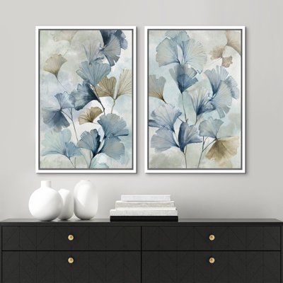 Blue Ginkgo Leaves Minimalist Abstract Botanical Modern Bedroom Art Decor