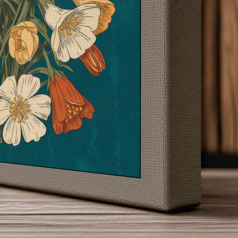 Teal Abundance Botanical 1 Piece Wrapped Canvas Wall Art, 18x12 - 45.7 x 30.5 cm, Taupe Border