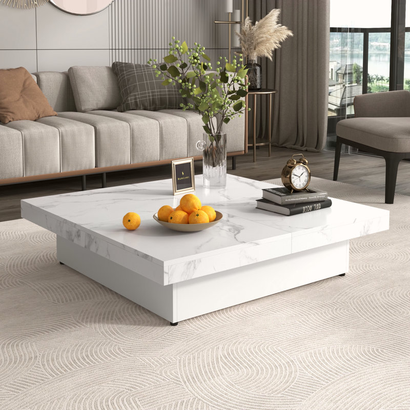 Table basse carrée en placage de marbre avec plateau coulissant et rangement