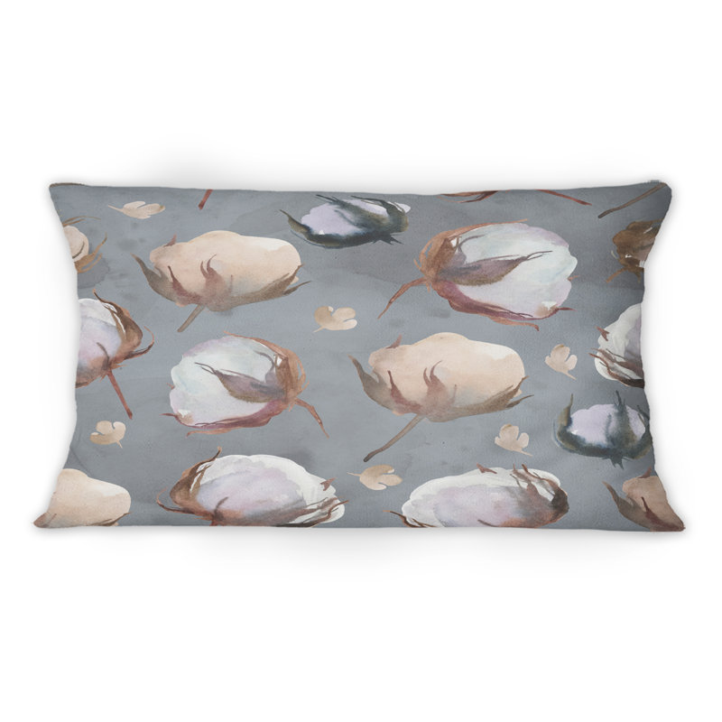 Coussin en coton à imprimé de bourgeons de coton sur fond gris 1