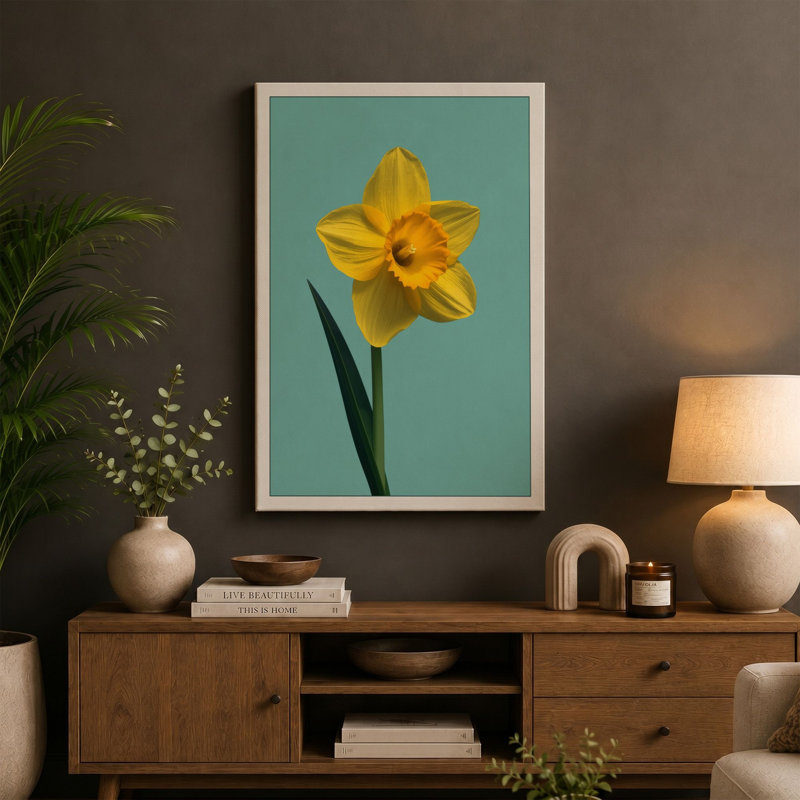 Single Daffodil Botanical - Wrapped Canvas, 18x12 - 45.7 x 30.5 cm, Taupe Border