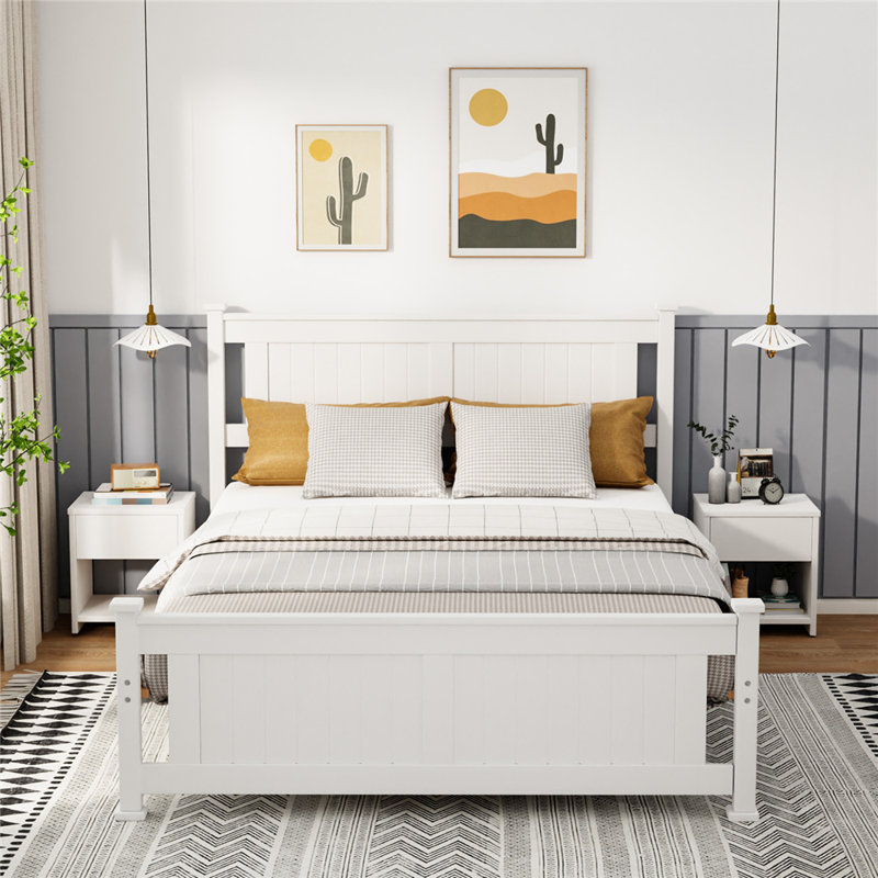 Lit en bois avec tête de lit, Blanc, Double