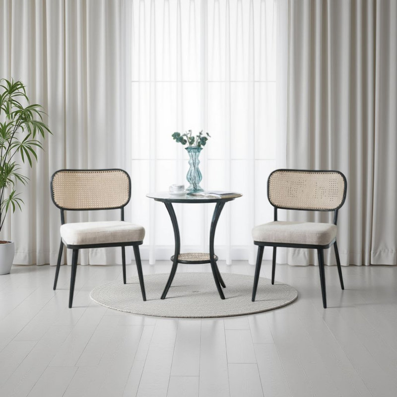 Col 3Pc Accent Table And Chair Set, Black Legs, Glass Top, Padded Seat
