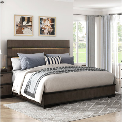 Two-Tone Brown Black Finish LED Headboard Queen Bed 1Pc Modern Industrial Design Bedroom Furniture