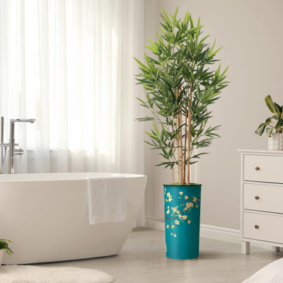 Artificial Tree in Black White Wood Tree Rings Pattern Planter Fake Bamboo Silk Tree