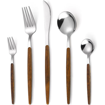 Ensemble de couverts 20 pièces en acier inoxydable avec poignée en bois, comprenant un couteau, une fourchette, une cuillère et une fourchette à gâteaux, finition miroir, va au lave-vaisselle, idéal pour la maison, le restaurant et les cadeaux