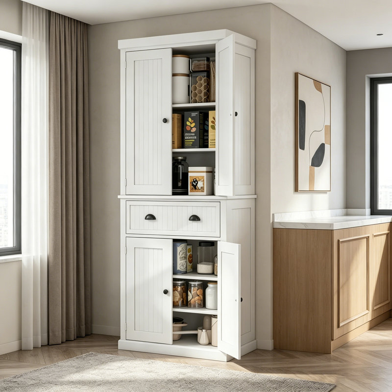 Armoire de rangement autoportante avec tablettes réglables, parfaite pour l'organisation et l'élégance de la cuisine et de la salle de bain.