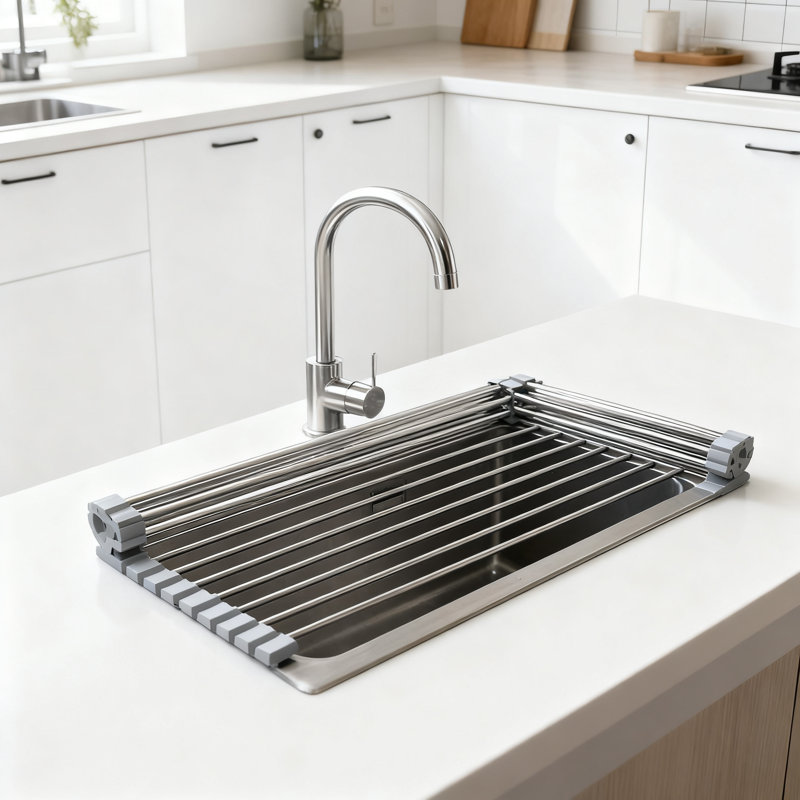 Égouttoir à vaisselle au-dessus de l'évier, égouttoir pliable en acier inoxydable pour comptoir de cuisine compact, organisateur de cuisine polyvalent