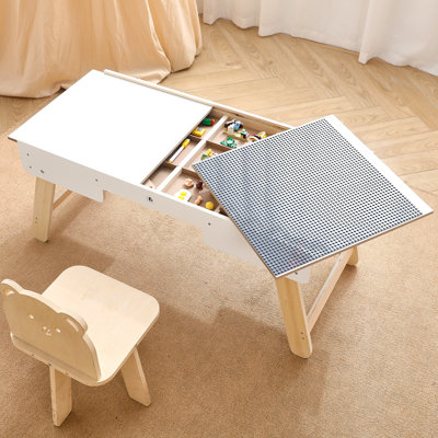 Kids Wooden Activity Table with Storage – 3-in-1 Foldable Building Block Table, Reversible Play Surface, Montessori Learning Desk for Toddlers, White Kids Playroom Furniture