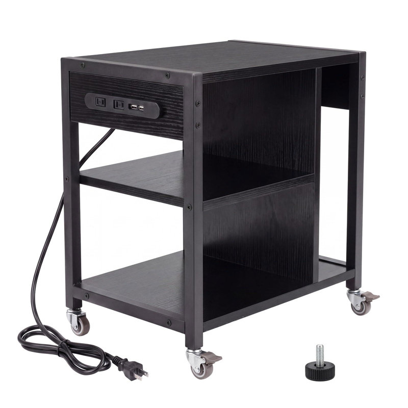 Chariot mobile robuste à 3 niveaux pour imprimante, avec prise électrique, support roulant de 90 kg, rangement compartimenté, blanc