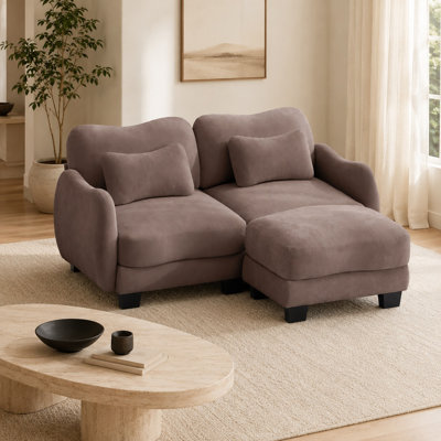 Canapé lounge 2 places incurvé surdimensionné en chenille avec 1 pouf amovible et coussins lombaires, Rose Poudré