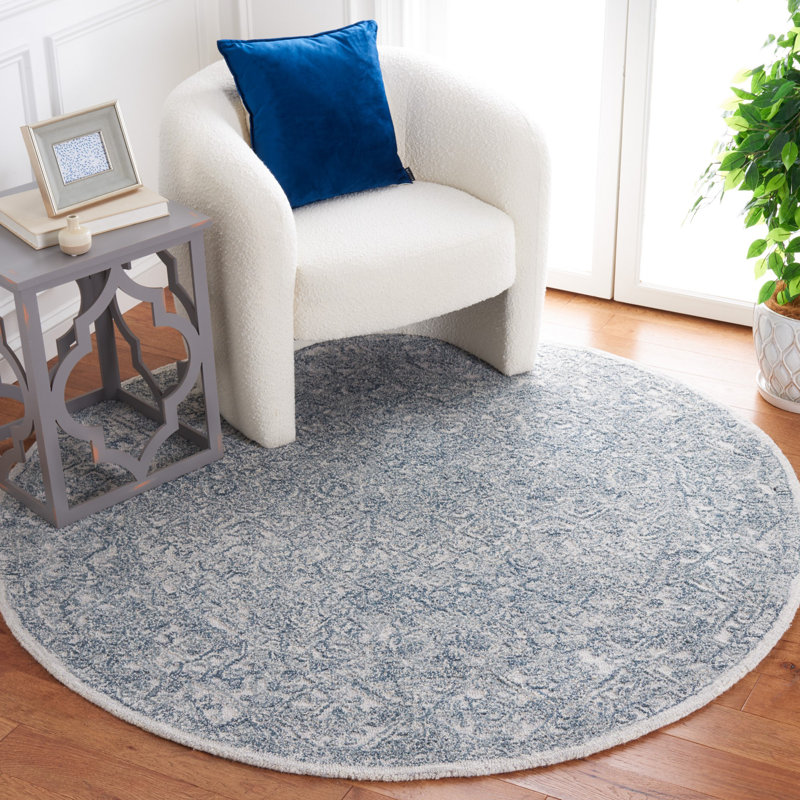 Tapis gris / bleu en laine / coton touffeté à la main Marquee, Rond 6 pi