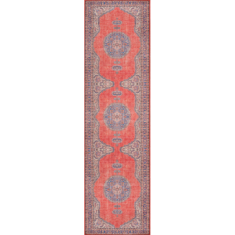 Oriental Power Loom Red/Blue/Ivory Area Rug, Runner 2'3" x 7'6"