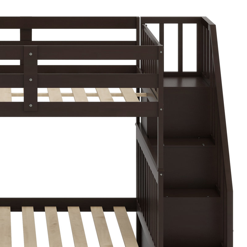 Lit superposé d'escalier avec tiroir, rangement et garde-corps, Espresso
