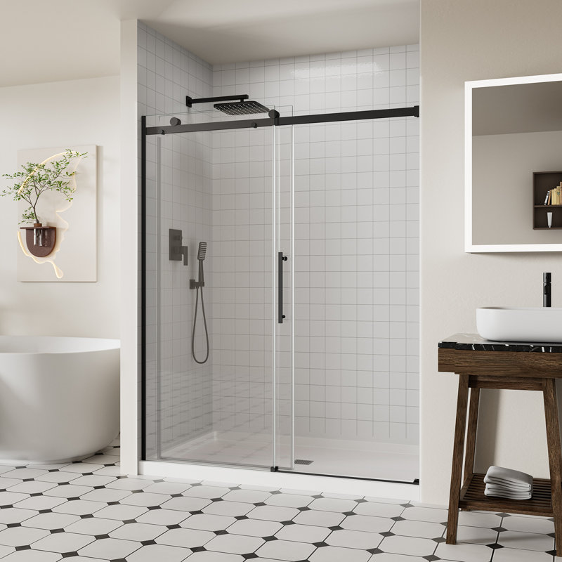 Porte de douche coulissante sans cadre l 56 po x l 74 po x H 74 po, verre trempé de 1/4 po (6 mm) avec revêtement antidéflagrant et revêtement Nano, bouchon inclus, noir mat