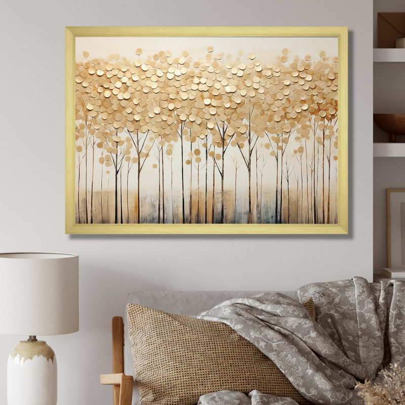 Minimalisme Golden Trees Harmony sur toile, Cadre doré simple, H 16 po x l 32 po x P 1 po