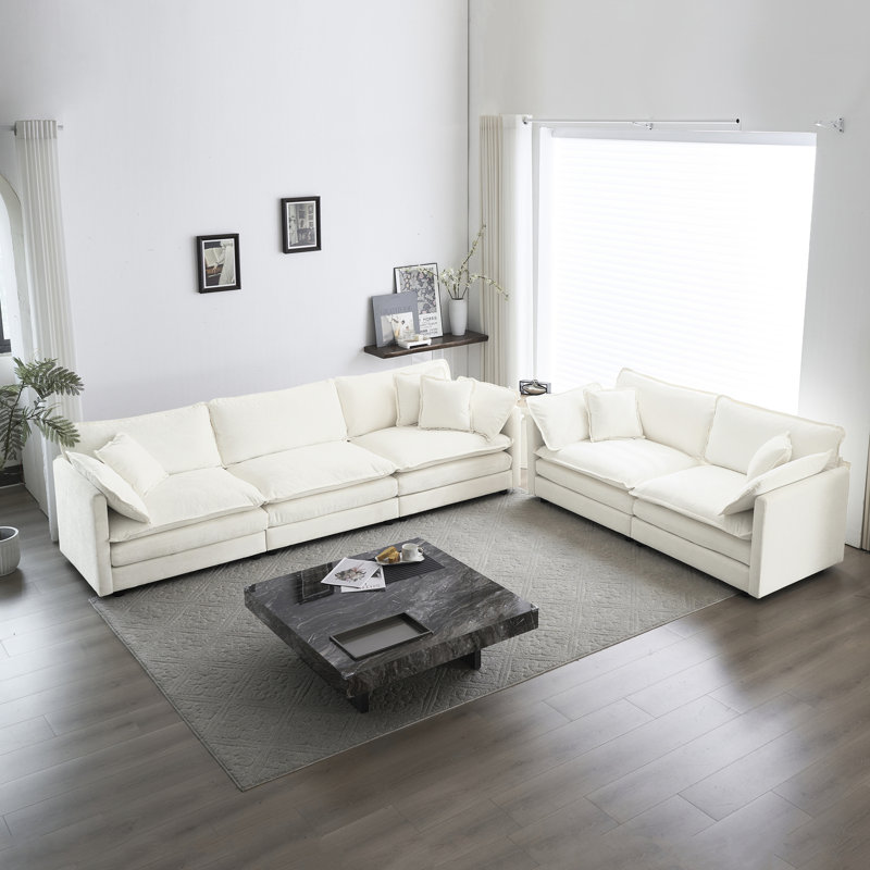 Moderne 2 + 3 places en chenille blanche pour le salon - Structure en bois massif et tissu respirant 2 3, maison confortable