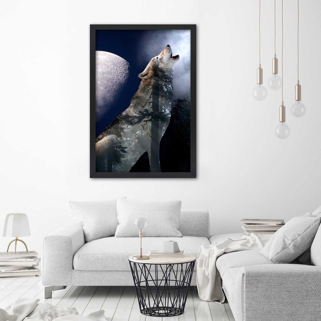 Wolf heult den Mond an - Bilderrahmen Grafik