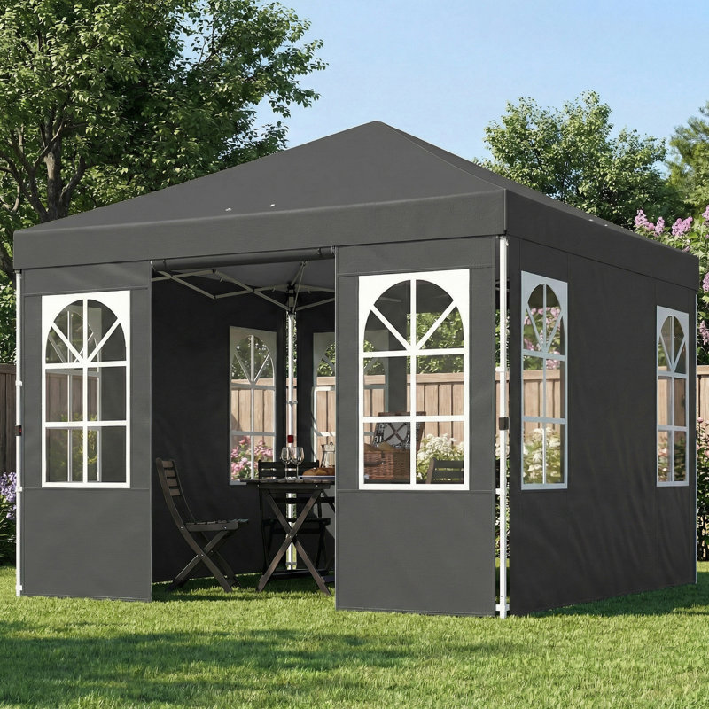 9.6 x 9.6 ft Pop Up Canopy Tent with Sidewalls, One Button Push Setup, UPF50+ Outdoor Portable Instant Canopy Shelter with Carry Bag, Sandbags, Adjustable Height for Parties Events, Dark Gray