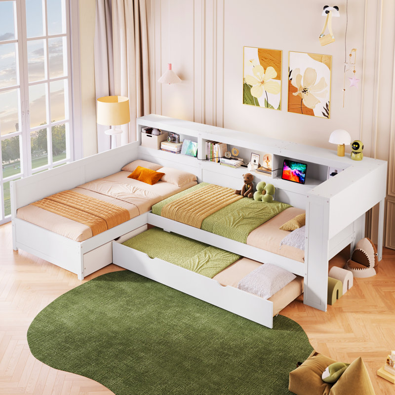 Lit plateforme simple en bois en L avec lit gigogne et tiroir Wood
