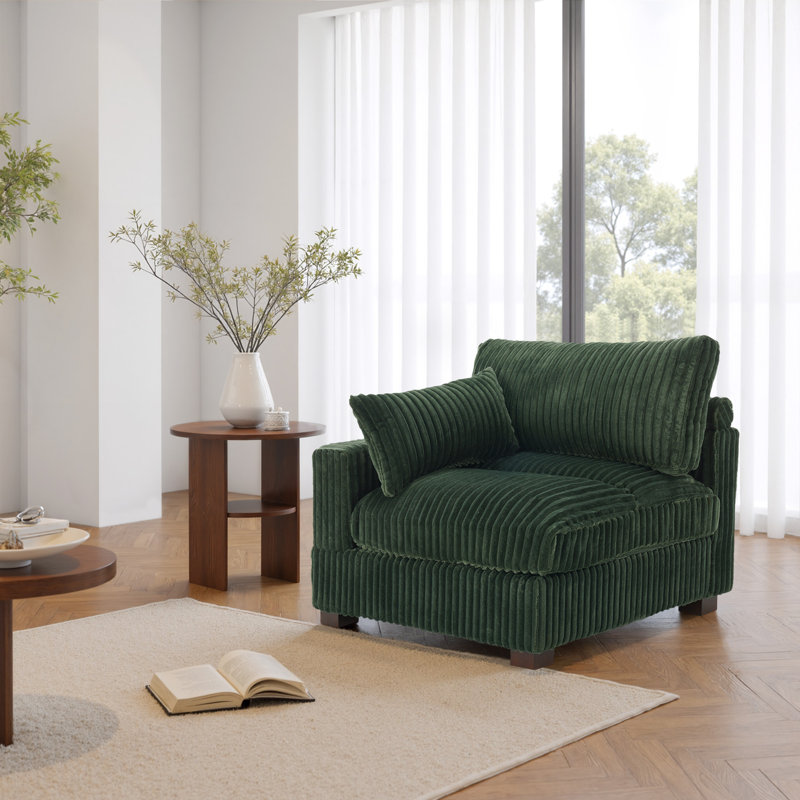 Upholstered Faux Rabbit Fur Flannel Armchair with Pillow Back, One Arm Single Chair Module Part For Sectional Sofa, Green