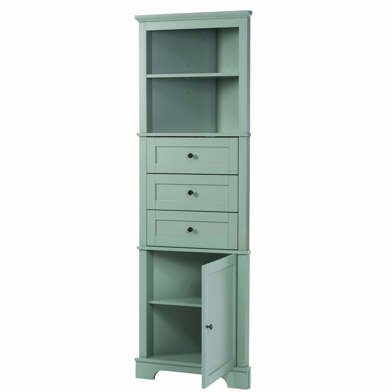 Triangle Tall Cabinet With 3 Drawers And Adjustable Shelves, Corner Cabinet, Storage Cabinet, Accent Cabinet, Green