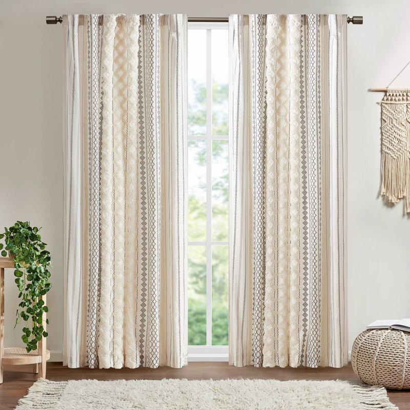 Panneau de rideau en coton 1PC 50X108 avec rayures et doublure en chenille, Ivoire ivoire, L 50,05 po x L 108,05 po