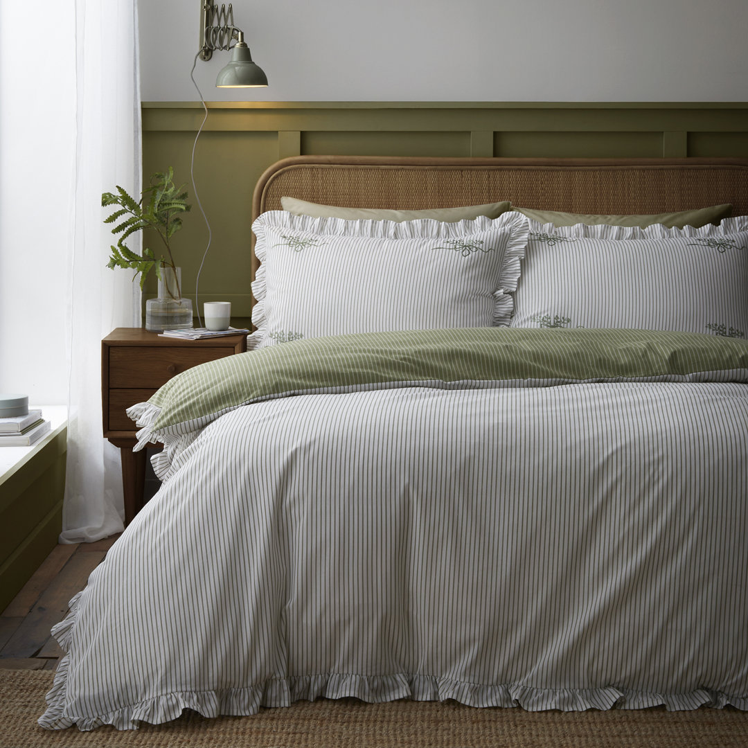 Appletree Frilled Embroidered Bow Stripe Duvet Cover Set Green