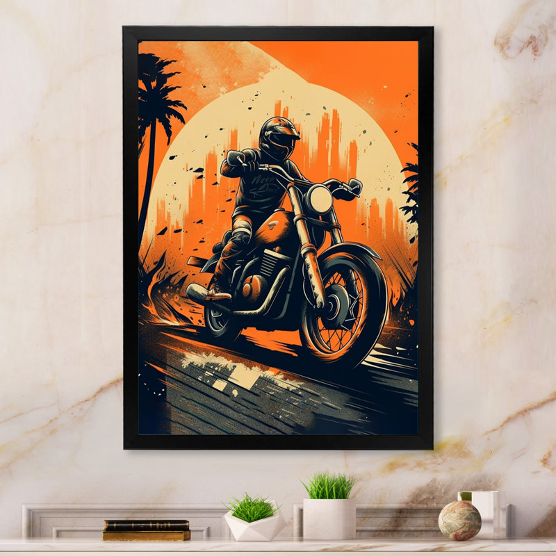 " Motorcycle Roaring Down The Boulevard III ", Black Picture Framed, 32" H x 24" W