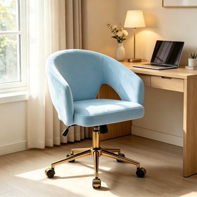 Chaise de bureau pivotante ergonomique en velours bleu avec base en métal doré, chaise de travail réglable en hauteur pour bureau à domicile, chambre à coucher et coiffeuse