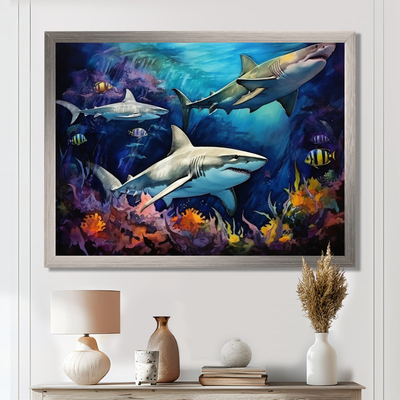Shark Haven Under Water Painting - Shark Wall Art, 30" H x 40" W x 1.5" D, Silver Single Picture Framed